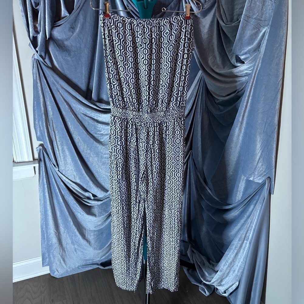 Hawaiian white and blue strapless jumpsuit size small